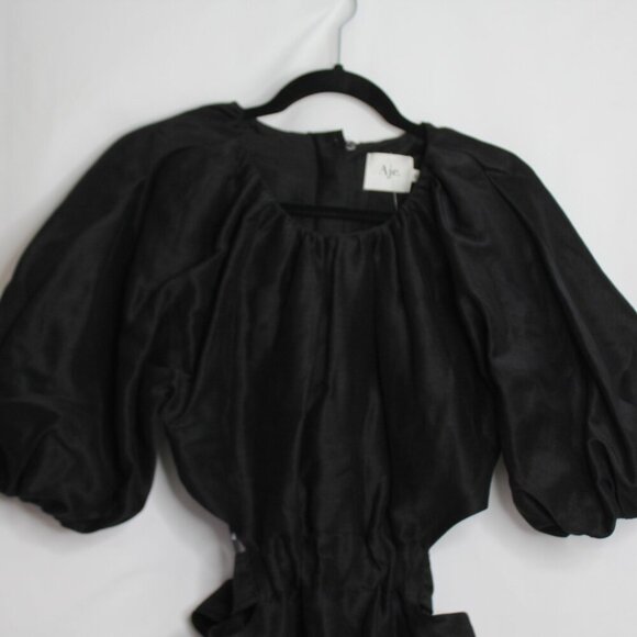 Aje Psychedelia Puff Sleeve Cut Out Mini Dress Tie Back Black Size Medium/8 - Picture 6 of 16